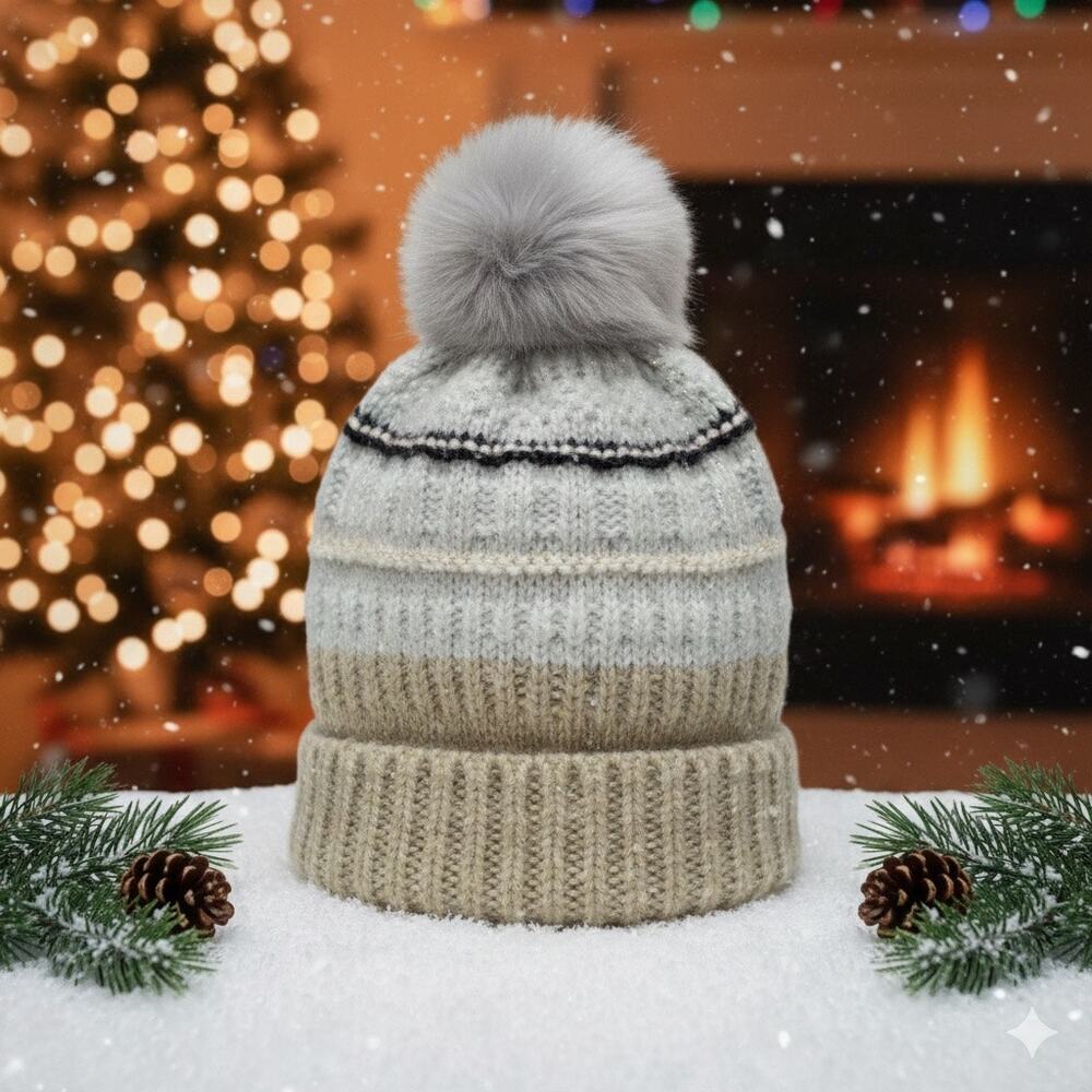 Gap Chunky Knit Beanie Hat Gold Sparkle Wool Blend Grey Faux Fur Pom Tan White